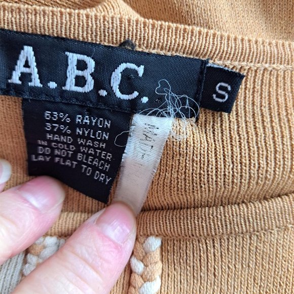 VTG Pullover Sweater Tan Ivory Color Block Rope Trim 3/4 Sleeves Lightwt Sz S - Picture 6 of 6